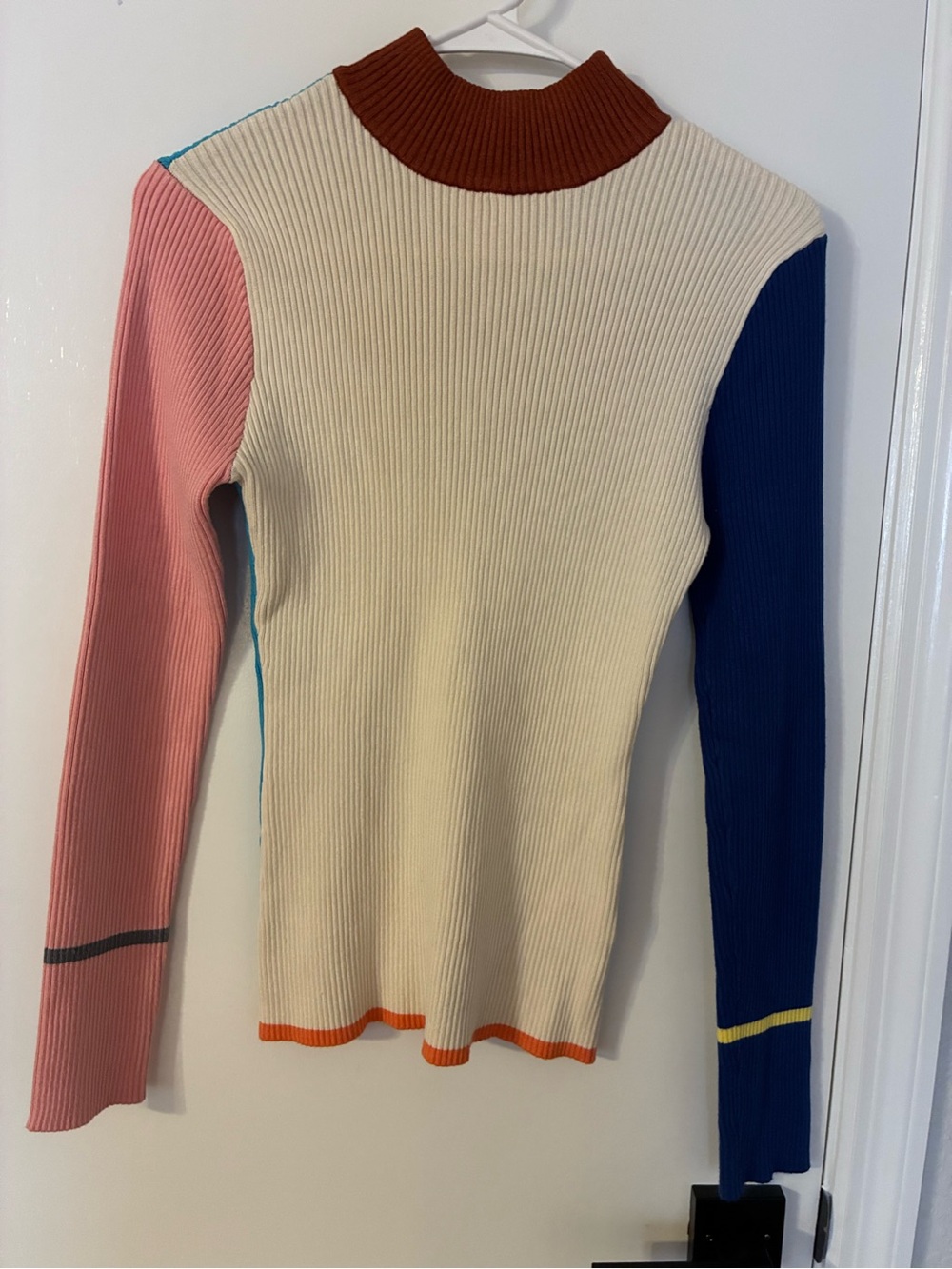 Find Me Now Colorblock Ribbed Mock Neck Sweater - Cream & Teal